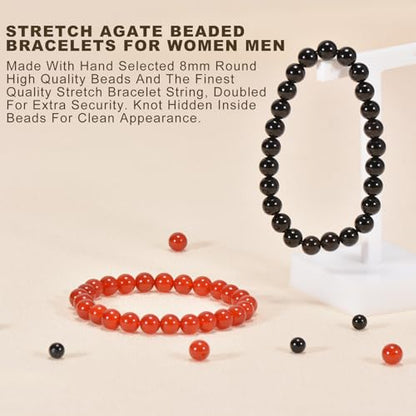 2PCS Agate Bracelet for Women Men Natural Round Beaded Agates Stone Healing Stretch Bracelets Elastic Handmade Polished Gemstone Beads Bracelet - color: Black+Red, size: 8mm Beads