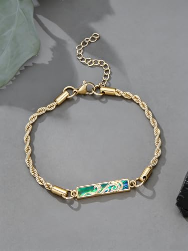 Waves/Tree of Life/Mushrooms/Moon Phase/Butterfly/Hummingbird Bracelet/Anklet 925 Sterling Silver Adjustable Abalone Shell Bar Bracelet/Anklet Summer Jewelry Gifts for Women - color: Waves-Abalone-Yellow Gold, size: Bracele 7"+2"