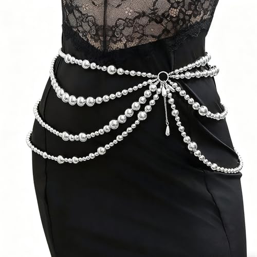 Bikini Multi-Layer Waist Belly Chain Pearl Belly Chain Layered Waist Body Chains Bikini Belly Jewelry Fashion Beach Rave Party Club Body Accessories Jewelry for Women - color: silver