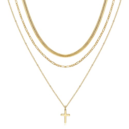 Aisansty Dainty Layered Choker Necklaces Handmade Coin Tube Star Pearl Pendant Multilayer Adjustable Layering Chain Gold Plated Necklaces Set for Women - color: Gold, style: Gold-Cross