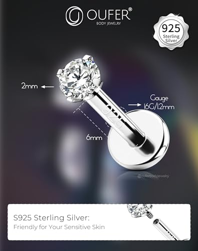 OUFER 925 Sterling Silver Flat Back Earrings, Clear CZ 16G Helix Piercing Jewelry, Silver Internally Threaded Cartilage Earrings Stud, Silver Lip Labret Rings for Women - color: Silver-2mm
