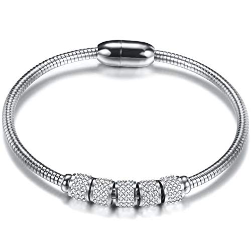 JUDE Stainless Steel Cubic Zircon Snake Chain Bangle Bracelet - color: Silver