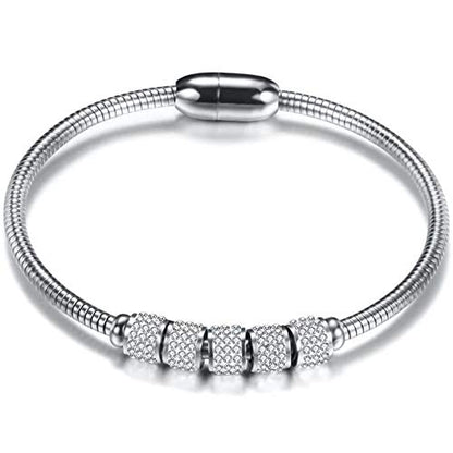 JUDE Stainless Steel Cubic Zircon Snake Chain Bangle Bracelet - color: Silver