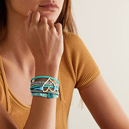 Suyi Multilayer Leather Wrap Bracelet Heart-Shape Wide Bracelets for Women - color: Light Blue