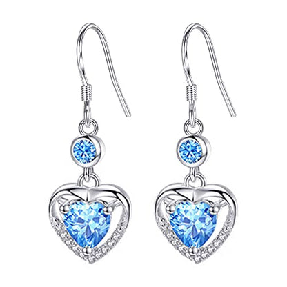 925 Sterling Silver Dangle Earrings with Charms Heart, Water drop, Moon, Star Long Drop Earring for Women Jewelry Gifts Hypoallergenic - color: heart zircon-blue