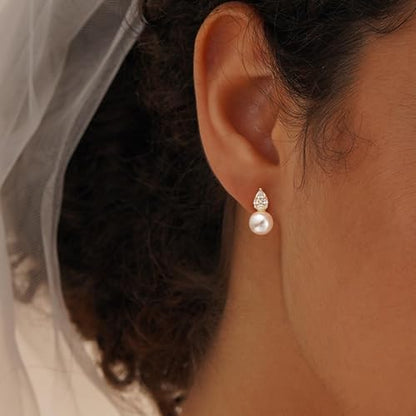 Plenky Pearl Earrings-14K Gold Plated Dainty Pearl Drop Simple Wedding CZ Dangle Dangling Cute Stud Earrings for Brides Earrings for Women Gifts - style: CZ Teardrop Pearl Earrings