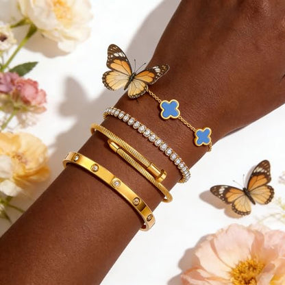 Gold Bracelets for Women, 18K Gold Plated Women Tennis Bracelets Clover Nail Love Bangle Bracelet Set, Gold Bracelet Stackable Set Trendy Jewelry, Gifts for Women's Day and Mother's Day - color: 13-Color- 4 Blue