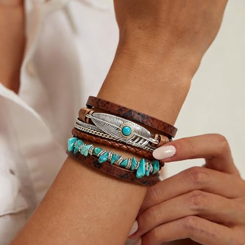 Leather Wrap Bracelets for Women, Boho Leopard Multi-Layer Crystal Beads Cuff Jewelry - color: J-Warp-022