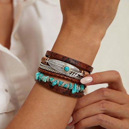 Leather Wrap Bracelets for Women, Boho Leopard Multi-Layer Crystal Beads Cuff Jewelry - color: J-Warp-022