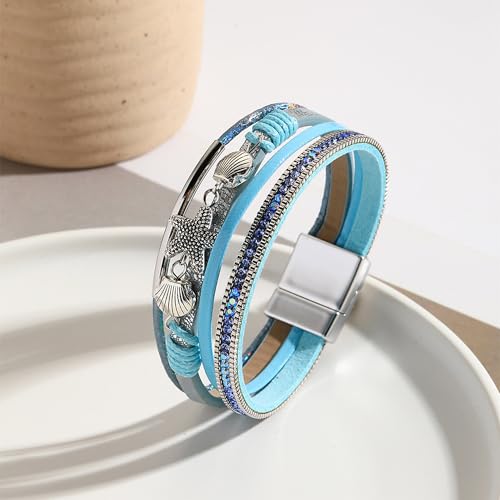 VIBILIA Boho Leather Wrap Bracelets for Women Multi-Layer Bracelets | With Strong Clasp Jewelry for Women - color: 04-ShellStarfish-Blue