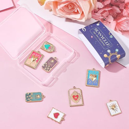 SUNNYCLUE 1 Box 8 Styles Real 18k Gold Plated Enamel Heart Charms Gold Heart Charms Metal Colorful Rectangle Evil Eye Hearts Sun Pendant for Jewelry Making Women Adults Crafts Bracelets Gifts Supplies