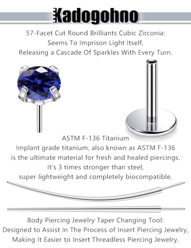 F136 Titanium 20/18/16g Internally Threaded Medusa Monroe Lip Ashley Labret Nose Rings Flat Back Tragus Helix Cartilage Conch Screw Stud Earrings Surgical Steel Piercing Jewelry for Women - color: Blue CZ, size: 18g*1/4in