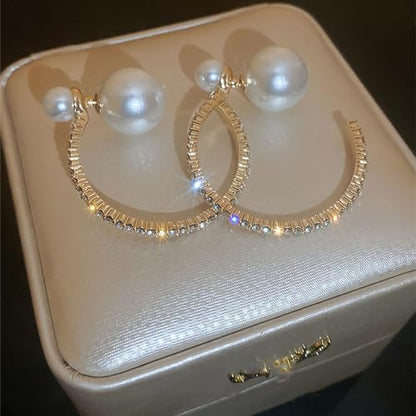 Large Pearl Rhinestone Crystal Hoop Earrings for Women,Gold Silver Cubic Zirconia Statement Hoop Earrings Party Holiday Jewelry Gifts