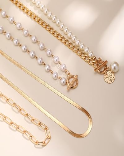 Gold Layered Necklaces for Women Chunky Layered Gold Necklaces Stacked Paperclip Chain Pearl Necklace Herringbone Toggle Clasp Choker Trendy Statement Jewelry Gifts - color: A1:gold layered necklace
