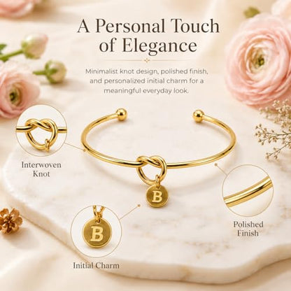 LemonRose Initial Bracelets for Women - Dainty Tie the Knot Letter A-Z 14K Gold Plated for Women Gold Cuff Bracelet for Womens Jewelry Personalized Bridesmaid Proposal Gifts - color: Gold B