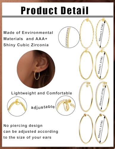 4 Pairs Clip on Hoop Earrings for Women CZ Twist Fake Hoop Earring Sets Spring Hoops for Non Pierced Ears Gold Tone 30/40/50/60/70mm - size: 40mm