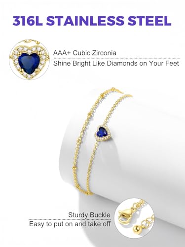 Richsteel Double Layer Heart/Butterfly Birthstone Anklet for Women | Non Tarnish Waterproof, Silver/Gold/Black Stainless Steel 8.5-10.5 Inch Adjustable Chain Anklets Summer Beach Foot Jewelry - color: Gold Heart-09 Sep.(Sapphire)