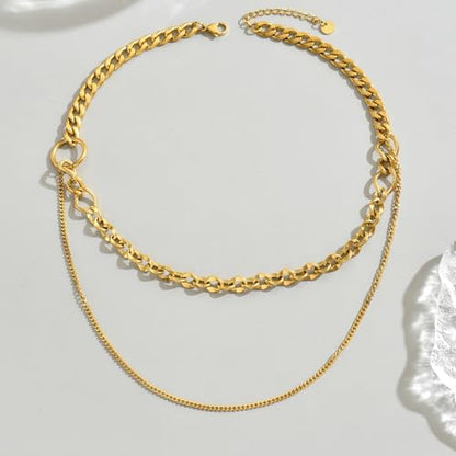 18K Gold Plated Layered Herringbone Necklaces for Women Dainty Layering Beaded Snake Chain Choker Moon Coin Pendant Necklace Trendy Stainless Steel Jewelry - color: Double Cuban Link-Gold