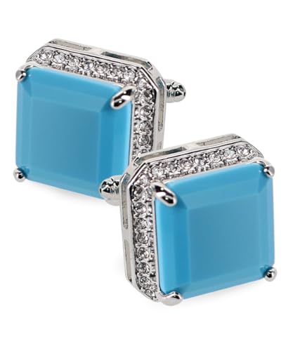 Large Big Square Crystal Color Stone Cuff Links for Men – Tuxedo Suit Accessories, Cufflinks for Men - style: Matte Sky/Silver