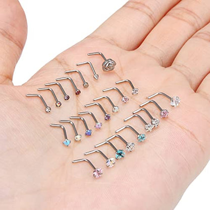 20G 18G 16G Cubic Zirconia Nose Rings Studs 316L Surgical Steel Hypoallergenic Nose Piercings Jewelry for Women Men CZ 2mm-3mm 24 Pcs - color: D-2:18G L Shaped + Silver Tone
