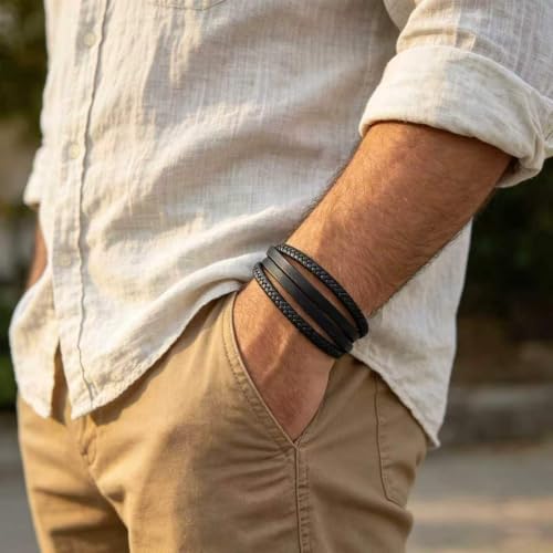 Italian Handmade Leather Bracelets for Men - color: Wrap Black, size: 8.2"