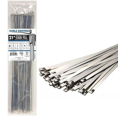 Kable Kontrol Stainless Steel Metal Zip Ties 21 Inch 100 Pcs HD 200Lbs Test | Heavy Duty Steel Cable Ties, Self-locking, Multi-Purpose, Outdoor and Indoor Use, High Temperature, Corrosion Resistant - size: 21" - 200 Lbs - 100 Pcs