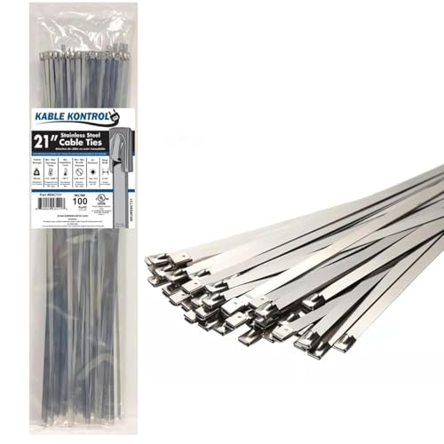 Kable Kontrol Stainless Steel Metal Zip Ties 21 Inch 100 Pcs HD 200Lbs Test | Heavy Duty Steel Cable Ties, Self-locking, Multi-Purpose, Outdoor and Indoor Use, High Temperature, Corrosion Resistant - size: 21" - 200 Lbs - 100 Pcs