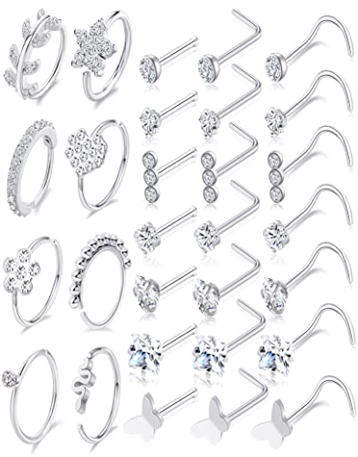 Akeoqi 29Pcs 20G Nose Ring Studs Nose Ring Hoops Stainless Steel L Bone Screw Shape CZ Butterfly Snake Star Heart Moon Shape Nose Piercing Jewelry for Women Silver Tone - style: A:29Pcs(Heart)