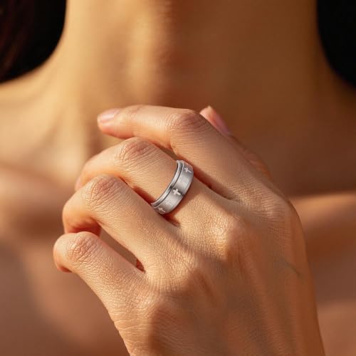 Fidget Anxiety Spinner Rings for Women | 14K Gold Silver Plated, 8mm Thick Stainless Steel Band Ring, Statement Cross Flower Spinning Rings, Jewelry Gifts, Size 6-10 - color: Silver-Cross