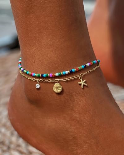 2/3 PCS Gold Anklets for Women Waterproof Boho Starfish, Seashell, Heart & Butterfly Charms Ankle Bracelets Non Tarnish Adjustable Layered Cuban Beaded Foot Chain Beach Jewelry for Summer Vacations - color: Gold Set 2