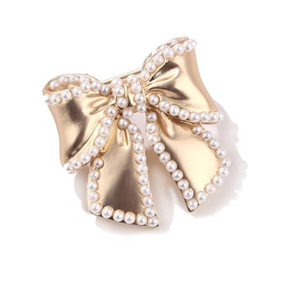 14k Golden Plated Bow Knot Lapel Brooch Pin Cultured Pearl Ribbon Bow Pins Clip Sweater Dress Suit Clothes Accessories Brooches Pins Fashion Christmas Birthday Jewelry Gifts for Women Girls Decor