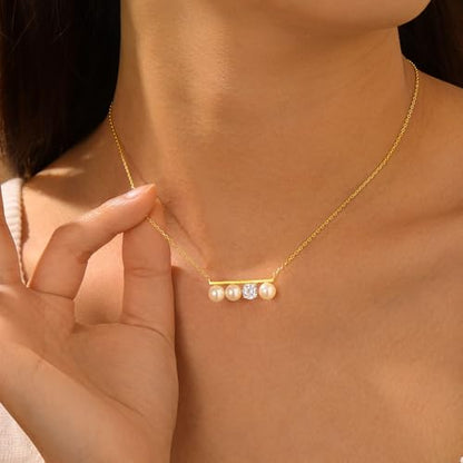 S925 Sterling Silver Dainty Peral Necklaces for Women 18K Gold Plated Pearl Bar Drop Pendant Choker Necklace Y-Shaped Adjustable Chain Hypoallergenic Womens Jewelry Gifts Fashion Accessories - color: Gold-CZ & Bar