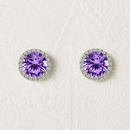 SWEETV Cubic Zirconia Stud Earrings, 8mm Round Cut, Rhinestone Hypoallergenic Earrings for Women & Girls | 9mm Round Cut Hypoallergenic 925 Sterling Silver Stud Earrings for Bridal Bridesmaid Prom Weddings Parties,Silver - color: 09.Violet