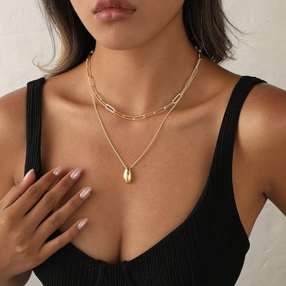 Gold Necklace For Women, Layered 14K Real Gold Plated Necklaces For Women,Dainty Gold Paperclip Chain Tear Circle CZ Pendant Necklace Stack,Trendy Gold Jewelry Set Gifts - style: Layered Paperclip Tear Pendant-Gold