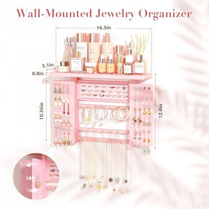 Emfogo Jewelry Organizer Hanging Wall Mounted Jewelry Holder, 5-in-1 Large Capacity Wood Necklace Organizer Wall Display for Ring, Necklaces, Bracelets, Earrings (Pink) - color: Pink