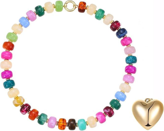 Chunky Heart Necklaces for Women Colorful Resin Beaded Necklaces for Women Gold Puffy Heart Statement Necklace Trendy Acrylic Choker Jewelry Gift - color: B-Colorful