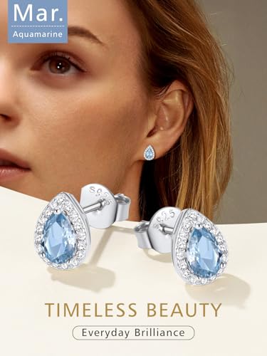FindChic Birthstone Earrings for Women, Round/Heart/Square/Teardrop Earrings with 925 Sterling Silver Posts & Push Backs, Hypoallergenic Studs with Cubic Zirconia, 12 Months Jewelry with Gift Box - style: 03. March-Aquamarine (Teardrop)
