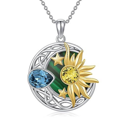 AOBOCO 925 Sterling Silver Moon Sun Star Necklace Celtic Jewelry for Women Girls - color: Silver&Gold&Malachite