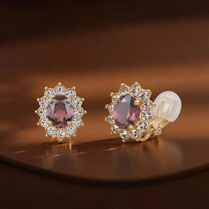 EVEVIC Oval Austrian Crystal Halo Clip On Earrings for Women | Oval Austrian Crystal with Zircon Halo,14K Gold-Plated,Silicone Comfort Pad,Gift Box Included,For Daily and Evening Events - color: Antique Pink
