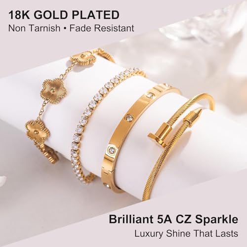 YOUNGGRACE 18K Gold Plated Womens Stackable Bracelets Set 4 Pcs – Love Bangle, Nail Bracelet, Clover & CZ Tennis Bracelet, Non Tarnish Hypoallergenic Stainless Steel Gold Layered Jewelry Gift for Her - color: Gold Floral