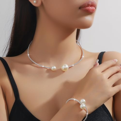 Gold Jewelry Set for Prom,Pearl Necklace Earrings Bracelet Crystal Bridal Wedding Prom Dresses Costume Jewelry Accessories Rhinestone Bridal Jewelry Set for Women - color: Silver Pearl