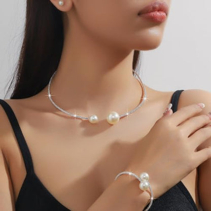 Gold Jewelry Set for Prom,Pearl Necklace Earrings Bracelet Crystal Bridal Wedding Prom Dresses Costume Jewelry Accessories Rhinestone Bridal Jewelry Set for Women - color: Silver Pearl
