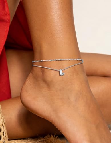 ChainsHouse Initial Ankle Bracelets for Women Waterproof, 14K Gold Plated Layered Initial Anklets Non Tarnish, Adjustable Stainless Steel Women's Ankle Summer Beach Foot Jewelry - color: Stainless Steel, size: Initial l