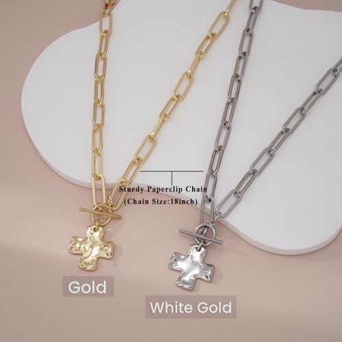 Chunky Cross Necklace for Women Trendy 14K Gold Silver Plated Statement Big Cross Pendant Paperclip Chain Charm Necklaces Religious Faith Easter Basket Stuffers Baptism Costume Jewelry Gift - color: White Gold-Toggle-1 inch pendant