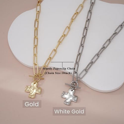 Chunky Cross Necklace for Women Trendy 14K Gold Silver Plated Statement Big Cross Pendant Paperclip Chain Charm Necklaces Religious Faith Easter Basket Stuffers Baptism Costume Jewelry Gift - color: White Gold-Toggle-1 inch pendant