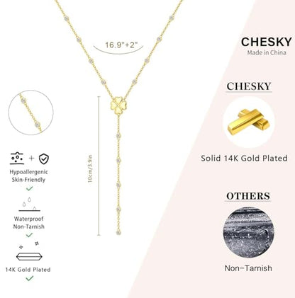 CHESKY Lariat Gold Necklace for Women, Dainty Long Necklace 14k Gold Plated Y-Shaped Pendant Necklace Trendy Layered CZ Beaded Chain Drop Necklaces Simple Gold Jewelry for Women Gifts - color: 9