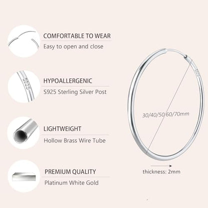 Gold Hoop Earrings for Women Hypoallergenic 925 Sterling Silver Post Hoops Earrings Lightweight Thin Large Big Hoop Earring 30/40/50/60/70mm - color: Silver 70mm