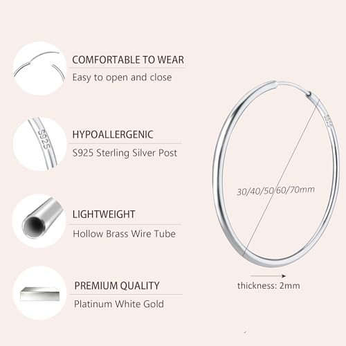 Gold Hoop Earrings for Women Hypoallergenic 925 Sterling Silver Post Hoops Earrings Lightweight Thin Large Big Hoop Earring 30/40/50/60/70mm - color: Silver 40mm