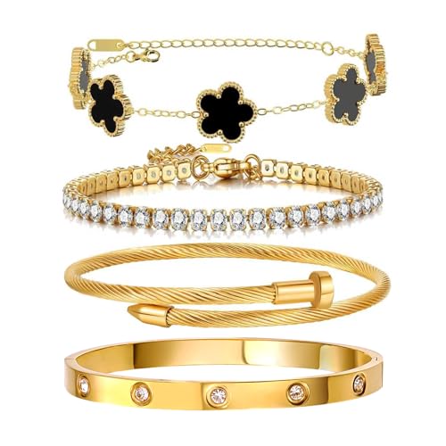 Gold Bracelets for Women, 18K Gold Plated Women Tennis Bracelets Clover Nail Love Bangle Bracelet Set, Gold Bracelet Stackable Set Trendy Jewelry, Gifts for Women's Day and Mother's Day - color: 03-Color-black