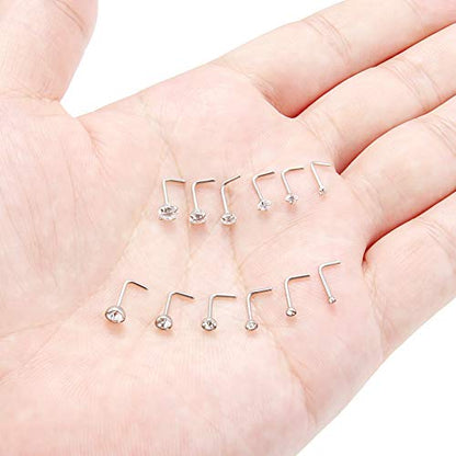 20G 1.5mm 2mm 2.5mm 3mm 3.5mm 4mm Opal Clear Diamond CZ Nose L Shaped Studs Rings Piercing Jewelry 4-20PCS - color: 12PCS - Silver